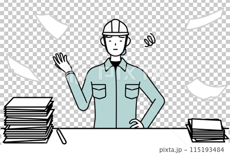 A female engineer in a helmet and work clothes is tired of unfinished work A female engineer in a helmet and work clothes is tired of unfinished work 115193484