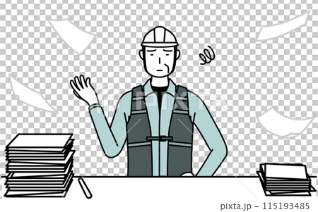 A senior male engineer in a helmet and work clothes tired of unfinished work 115193485