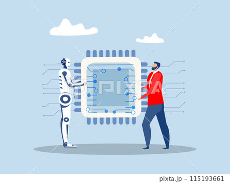 Semiconductor and computer chip supply chain, businessman with robbot cooperation computer chip with creative for solution shortage electronics manufacturing problem concept 115193661