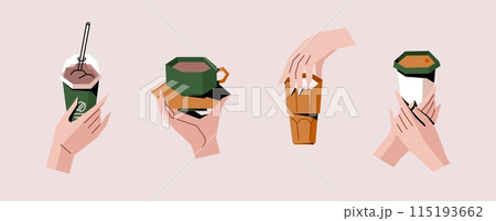 Hands hold coffee. Sisterhood, female group with cup and mug, body parts, people diversity. Arms with different mugs with hot drink, coffee, cocoa or tea. Restaurant vector flat geometric icons 115193662