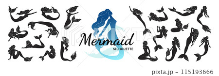 Mermaid. Little starfish tail silhouette, sea beach girl on shell, simple young ocean water fairy fantasy woman with long hair. Isolated decorative elements. Mythology vector graphic icon set Mermaid. Little starfish tail silhouette, sea beach girl on shell, simple young ocean water fairy fantasy woman with long hair. Isolated decorative elements. Mythology vector graphic icon set 115193666