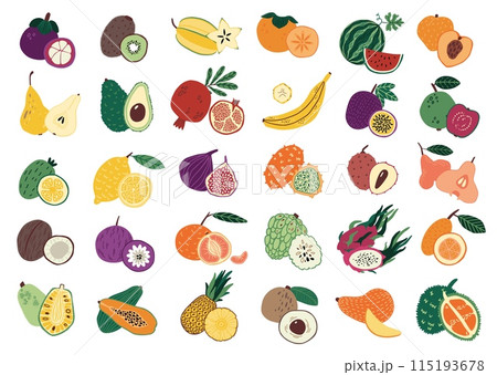 Fruits set. Exotic superfood. Whole and half. Banana, fresh mango and peach. Juicy guava, persimmon and tangerine, hand drawn mangostin, doodle carambola and kiwi. Vector cartoon illustration 115193678