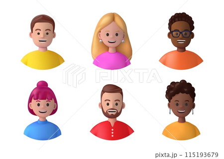 3d avatars. People person icons of young man and woman faces, business team render, happy work in office. Girl and boy student smile. User person. Vector illustration cartoon set isolated 115193679