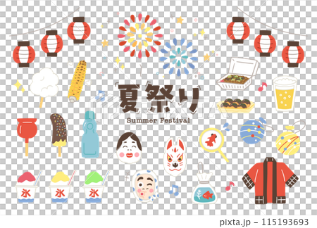 手書きで可愛い日本のお祭りの線画ベクターイラスト／夏祭り・縁日	 115193693