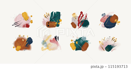 Watercolor backgrounds. Abstract gold art, fashion modern blush and splash for invitation design. Natural and golden shimmer brushstrokes compositions. Paintbrush elements vector illustration 115193713