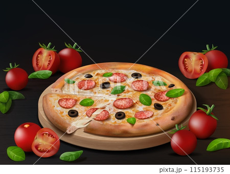 Pizza ad. Restaurant menu. Pepperoni delivery. Italian food. Cooking ingredients. Basil leaves or tomato slices. Realistic bakery meal. Cheese and ketchup. Vector pizzeria template 115193735