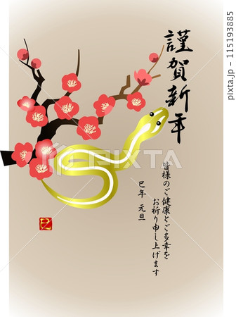 満開の花をつけた梅の枝と金色に白いラインの巳の年賀状 満開の花をつけた梅の枝と金色に白いラインの巳の年賀状 115193885