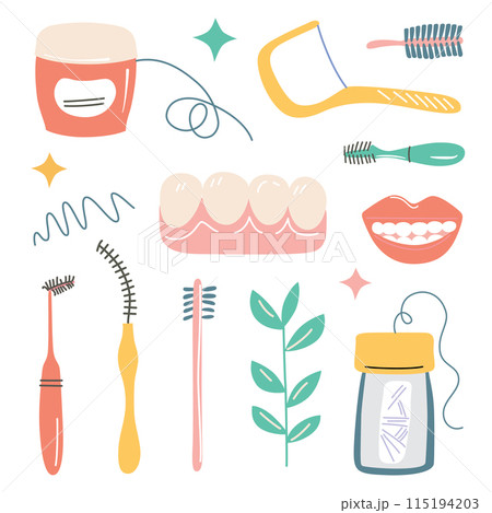 Vector illustration set of dental care products for cleaning interdental spaces. Dental floss, interdental brushes, toothpicks, and tooth icons. Doodle style, flat cartoon images for teeth hygiene 115194203