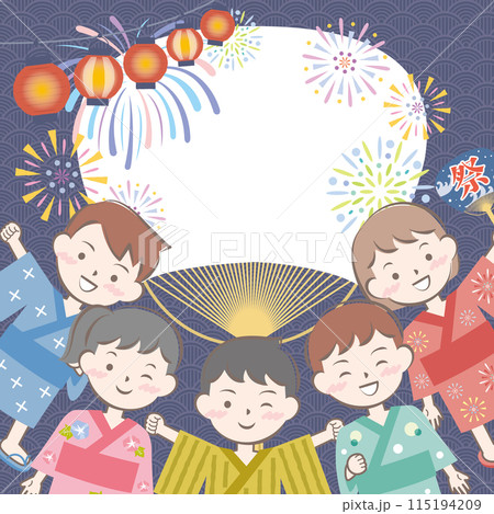浴衣姿の子供達と夏祭りのイメージ　花火　団扇 115194209