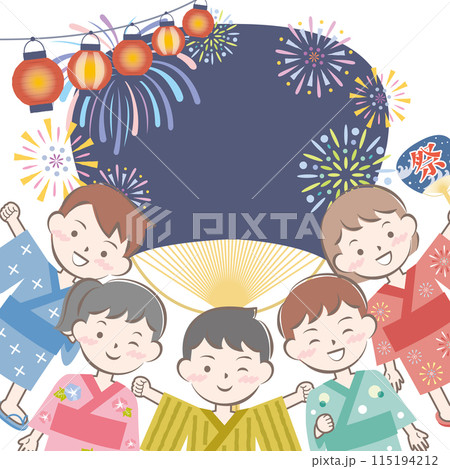 浴衣姿の子供達と夏祭りのイメージ　花火　団扇 115194212