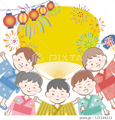 浴衣姿の子供達と夏祭りのイメージ　花火　団扇 115194213
