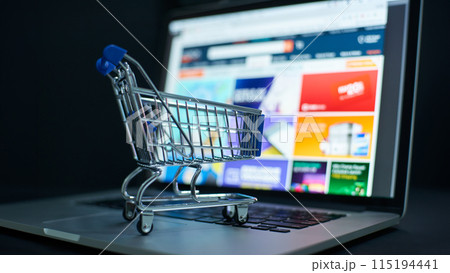 Online shopping concept with miniature cart on laptop 115194441