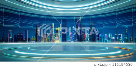 3D Futuristic city view from high-tech interior 3D Futuristic city view from high-tech interior 115194550
