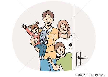 Family with children stands near door, inviting guests to banquet and waving hands in greeting Family with children stands near door, inviting guests to banquet and waving hands in greeting 115194647