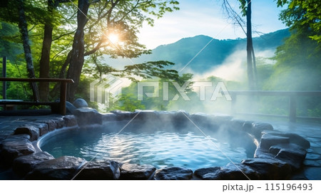 絶景の露天風呂、温泉・お風呂の風景 115196493