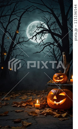 Halloween Jack Lantern pumpkin background in a scary forest with a dead tree, a terrible mood, bats, full moon, fog, twilight, cemetery. AI generated 115196544
