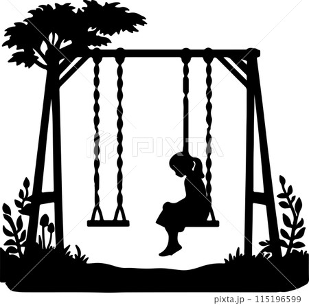 A silhouette of a girl sitting alone on a swing set 115196599