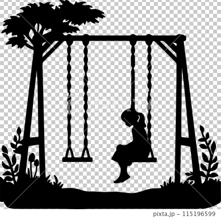 A silhouette of a girl sitting alone on a swing set 115196599