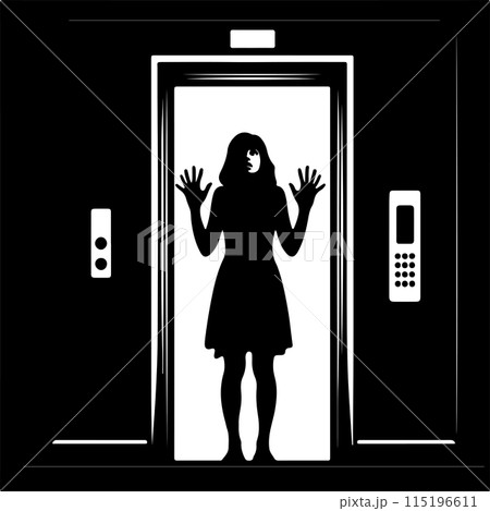 Silhouette of a woman in distress, trapped inside an elevator, expressing fear and anxiety in a black and white depiction. 115196611