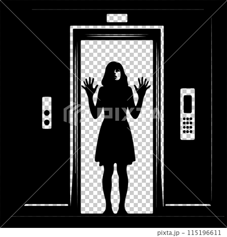 Silhouette of a woman in distress, trapped inside an elevator, expressing fear and anxiety in a black and white depiction. Silhouette of a woman in distress, trapped inside an elevator, expressing fear and anxiety in a black and white depiction. 115196611