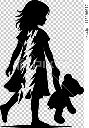 Silhouette of Girl Holding Torn Teddy Bear Silhouette of Girl Holding Torn Teddy Bear 115196617