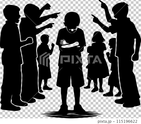 Silhouette of Boy Being Bullied by Group Silhouette of Boy Being Bullied by Group 115196622