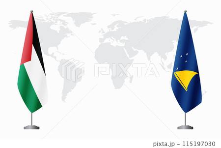 Palestine and Tokelau flags for official meeting Palestine and Tokelau flags for official meeting 115197030