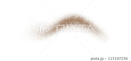 Coffee, cocoa or chocolate powder particles. Brown dust or sand wave element. Ground beans, grains and granules wavy flowing shape. Vector overlay illustration Coffee, cocoa or chocolate powder particles. Brown dust or sand wave element. Ground beans, grains and granules wavy flowing shape. Vector overlay illustration 115197256