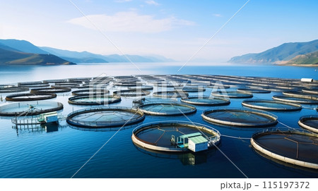 魚の養殖場、海のいけすの風景 115197372
