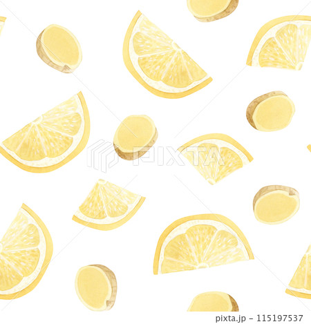 Lemons and ginger slices watercolor seamless pattern on white background. Hand drawn cut round citrus fruits and spices for herbal tea, vitamin C products and traditional medicine recipes 115197537