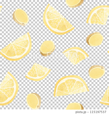Lemons and ginger slices watercolor seamless pattern on white background. Hand drawn cut round citrus fruits and spices for herbal tea, vitamin C products and traditional medicine recipes 115197537