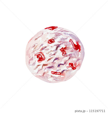 A scoop of ice cream with strawberry topping. Watercolor illustration isolated on white background. Birthday cards, invitations, banners, cafe menus. A scoop of ice cream with strawberry topping. Watercolor illustration isolated on white background. Birthday cards, invitations, banners, cafe menus. 115197711