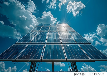 Sustainable Energy Concept with Solar Panels Against a Bright Blue Sky for Eco-Friendly Power Solutions Generative AI 115197793