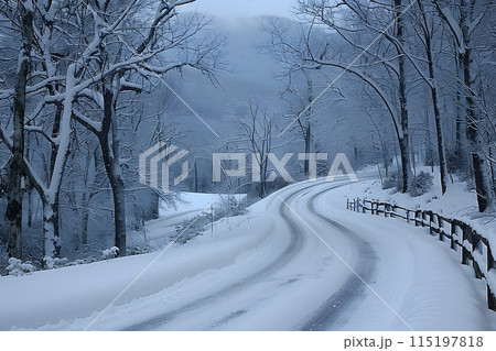 Serene Winter Landscape on Snow-Covered Country Road Through a Forest Generative AI 115197818