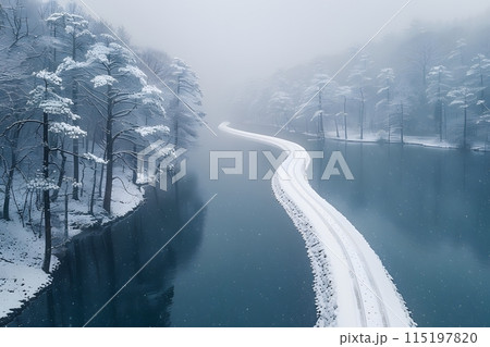 Serene Winter Wonderland: Snow-Covered Road and Foggy Forest Reflected on River - Tranquil Nature Scene for Wall Art, Travel Brochures Generative AI 115197820