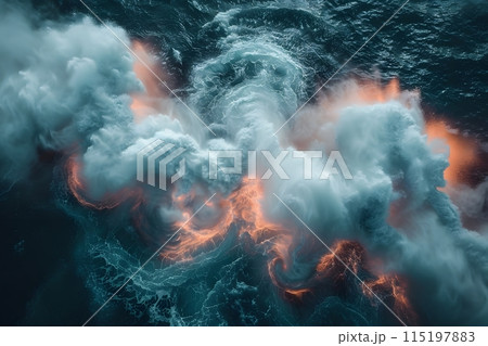 Mystical Ocean Storm with Fiery Waves - Dramatic Nature Scene for Posters, Art Prints, and Design Projects Generative AI 115197883