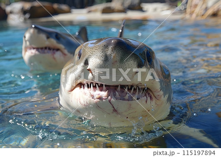 Close-Up Encounter with Great White Sharks near the Water Surface in a Crystal Clear Pool Generative AI 115197894