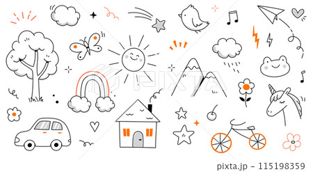 Kid cute doodle set. Cute sun, house, tree kid doodle sketch style vector. Hand drawn sun, car, rainbow elements. Funny children pen outline flower, bird, butterfly. Vector 115198359