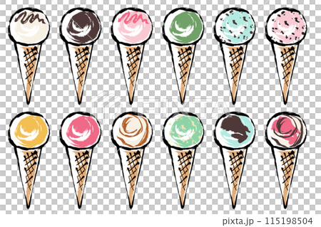 A set of brush-style illustrations of ice cream cones with various flavors 115198504