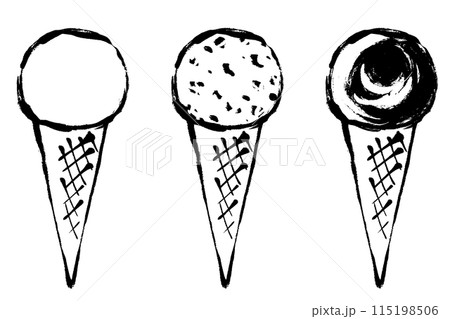 様々なフレーバーのコーンにのったアイスクリームの筆タッチイラスト線画セット 115198506