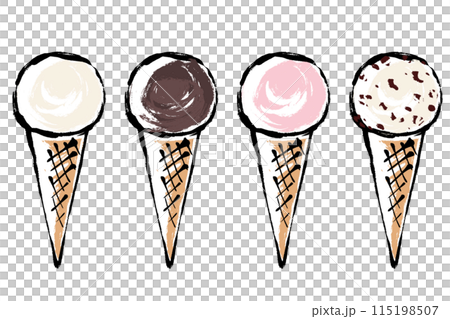 様々なフレーバーのコーンにのったアイスクリームの筆タッチイラストセット 115198507