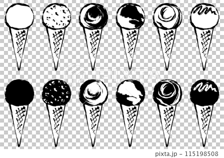 様々なフレーバーのコーンにのったアイスクリームの筆タッチ線画イラストセット 115198508