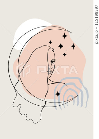 Card or poster with one single line drawing of female face and abstract shapes 115198597
