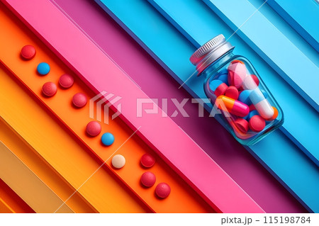 Colorful Medication Arrangement on Vibrant Background - Pharmaceuticals, Medicine, Health, Medical Supplies, Stock Photography Generative AI Colorful Medication Arrangement on Vibrant Background - Pharmaceuticals, Medicine, Health, Medical Supplies, Stock Photography Generative AI 115198784