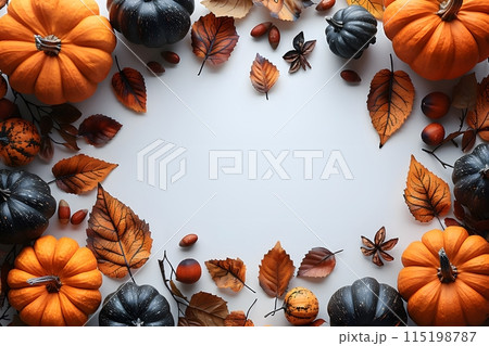 Halloween Seasonal Autumn Border with Colorful Decorative Pumpkins and Leaves for Festive Design Generative AI 115198787