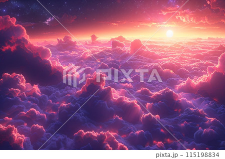 Dreamy Sunset Over Vibrant Pink and Purple Clouds with Starry Night Sky - Perfect for Surreal Art, Posters, Digital Art Designs Generative AI 115198834
