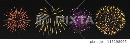 Festive fireworks in night sky realistic illustration set 115198965
