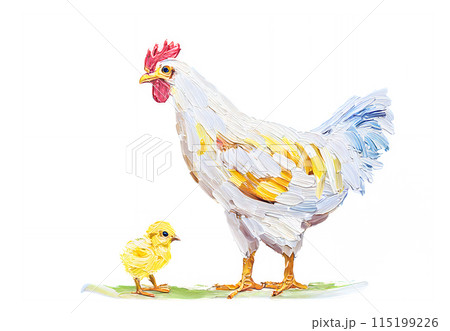 アナログタッチ、手描き風の鶏とヒヨコ、鳥のイラスト　酉年　年賀状素材　AI生成画像　 115199226