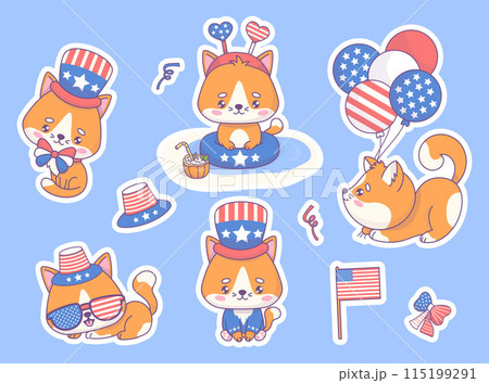 Independence Day stickers. Cute patriotic cats dressed in clothes and accessories for party in colors of American flag. Isolated Funny holiday cartoon kawaii character. Vector illustration Independence Day stickers. Cute patriotic cats dressed in clothes and accessories for party in colors of American flag. Isolated Funny holiday cartoon kawaii character. Vector illustration 115199291
