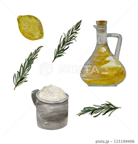 Olive oil lemon rosemary flour illustration watercolor 115199406